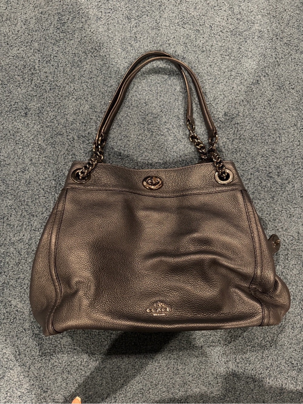 Coach Metallic Dark Grey Pebbled Leather Shoulder Bag with Chain Straps